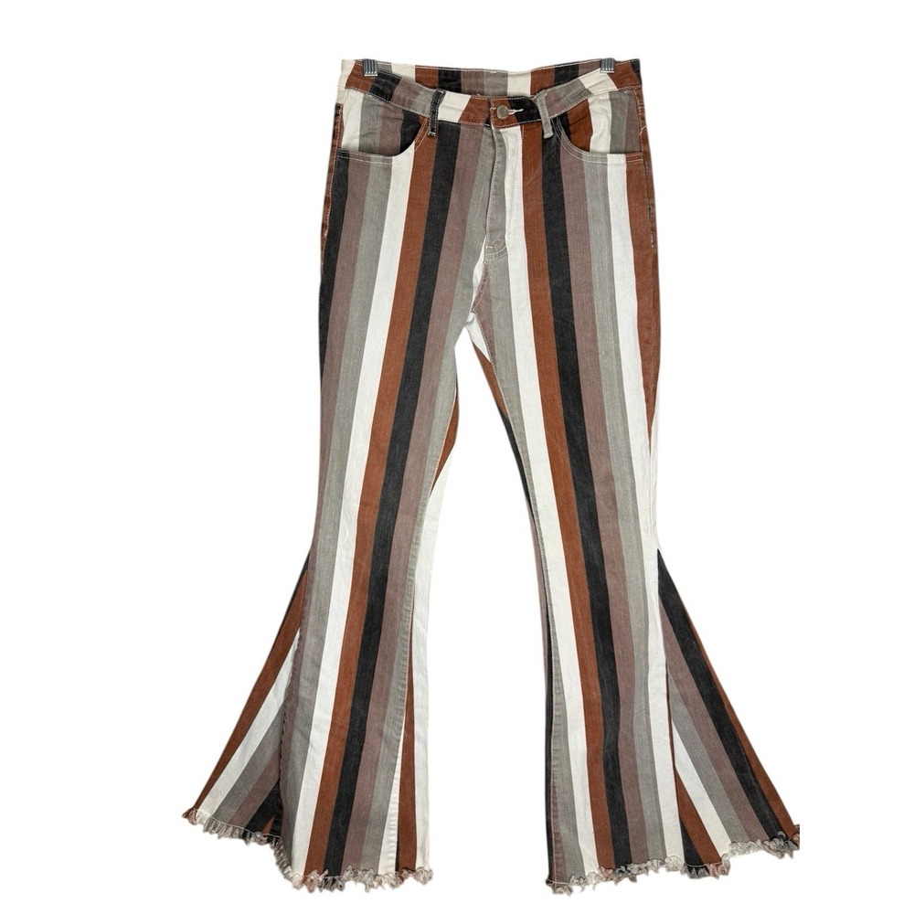 Saints And Hearts Sz M Striped Mid Rise Bell Bottom Jeans Raw Hem